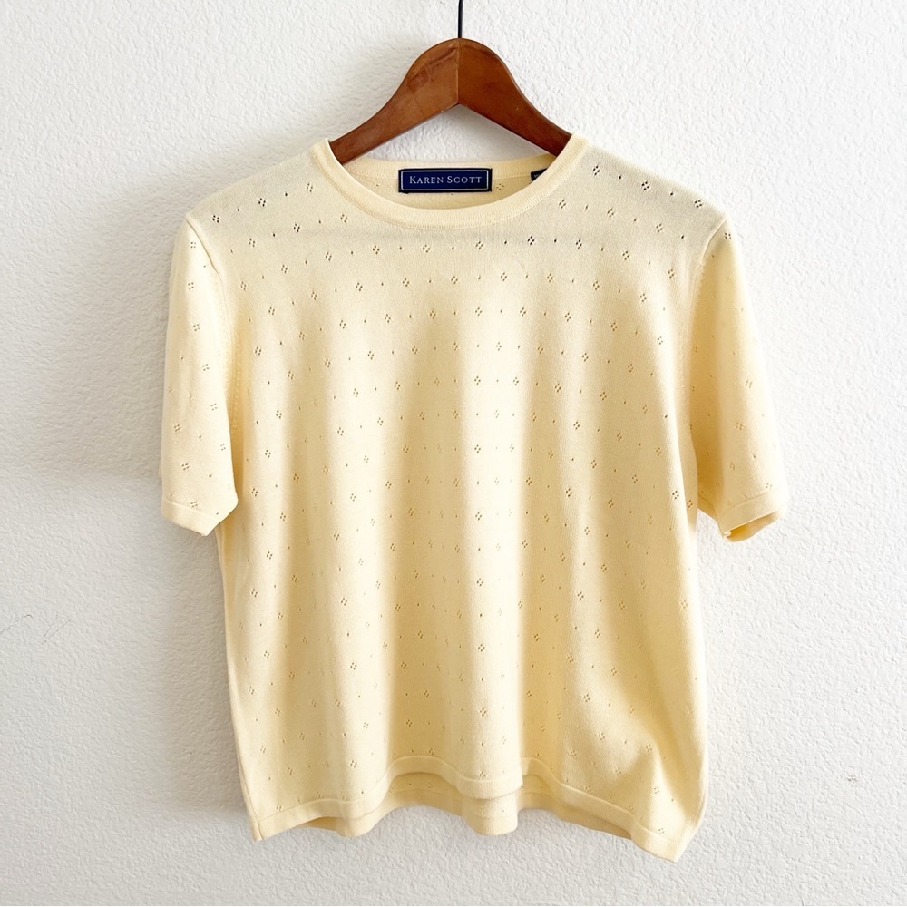 Karen Scott Butter Yellow Pointelle Short Sleeve Sweater Top L